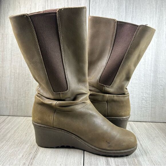 Keen Akita Brown Leather Slouch Wedge Heeled Tall Calf Boot Women’s Size 8.5 - Picture 4 of 10